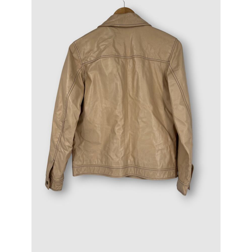 90s Vintage Liz Claiborne Lizsport Tan Genuine Leather Trucker Jacket Small - Picture 2 of 5